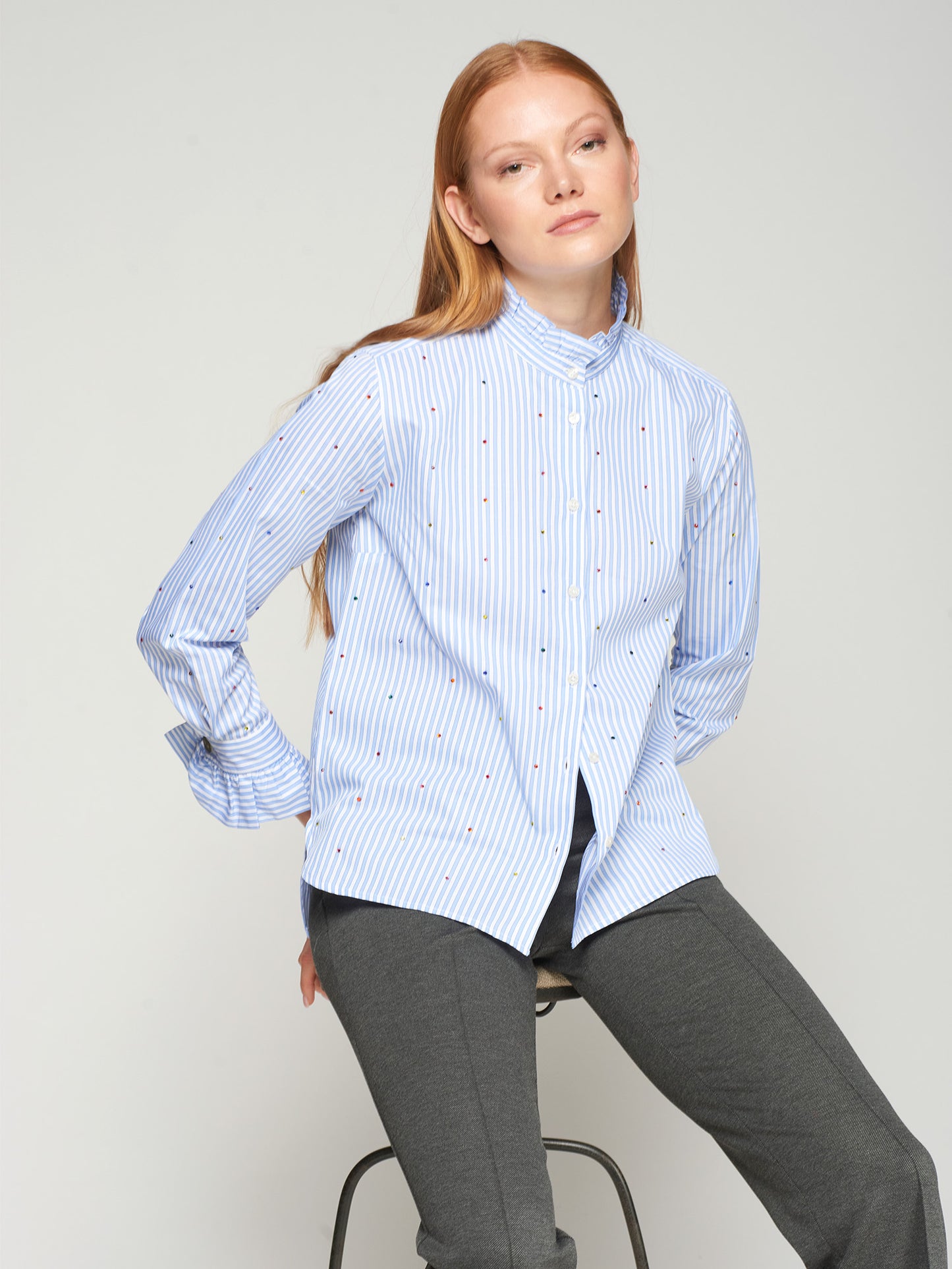 Pinstripe Elegance Ruffle Collar Blouse