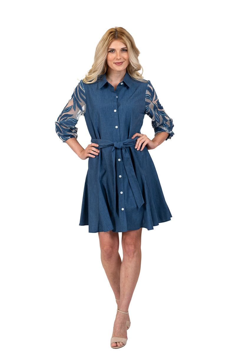 Indigo Lace Sleeve Shirt Dress