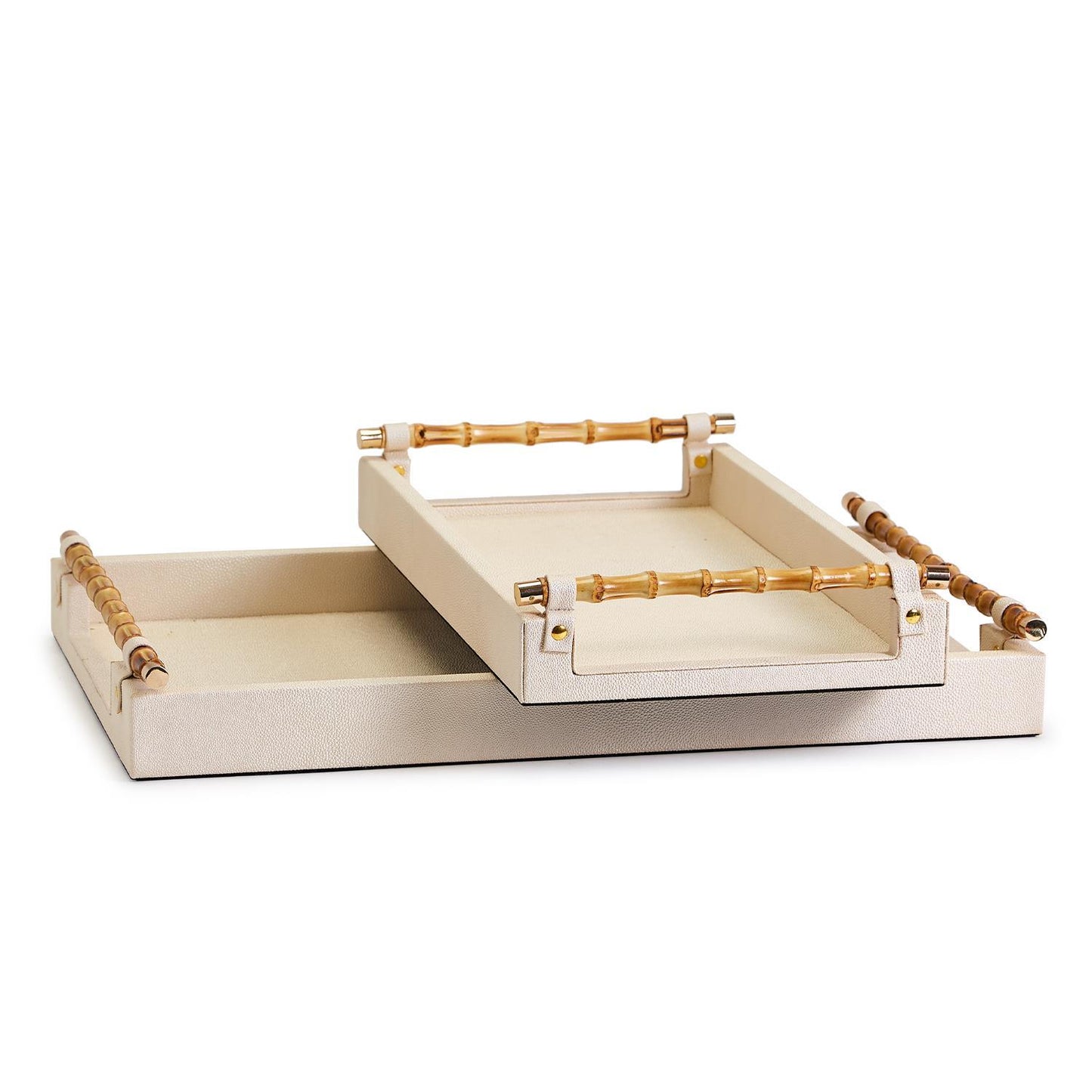 Set of 2 Antique Cream Faux Stingray Embossed Faux Leather Decorative Rectangle Tray with Genuine Bamboo Handles