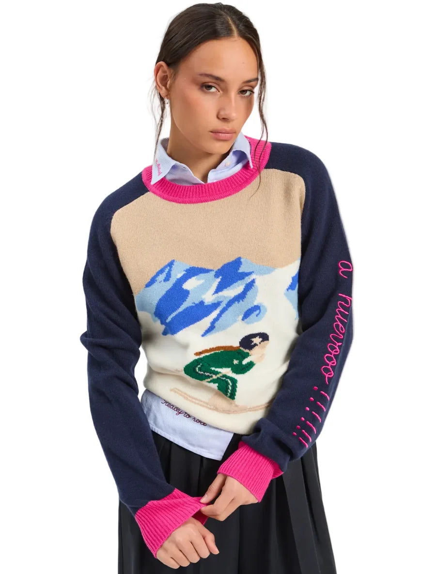 Lambswool Knit Contrast Sweater Pink accents