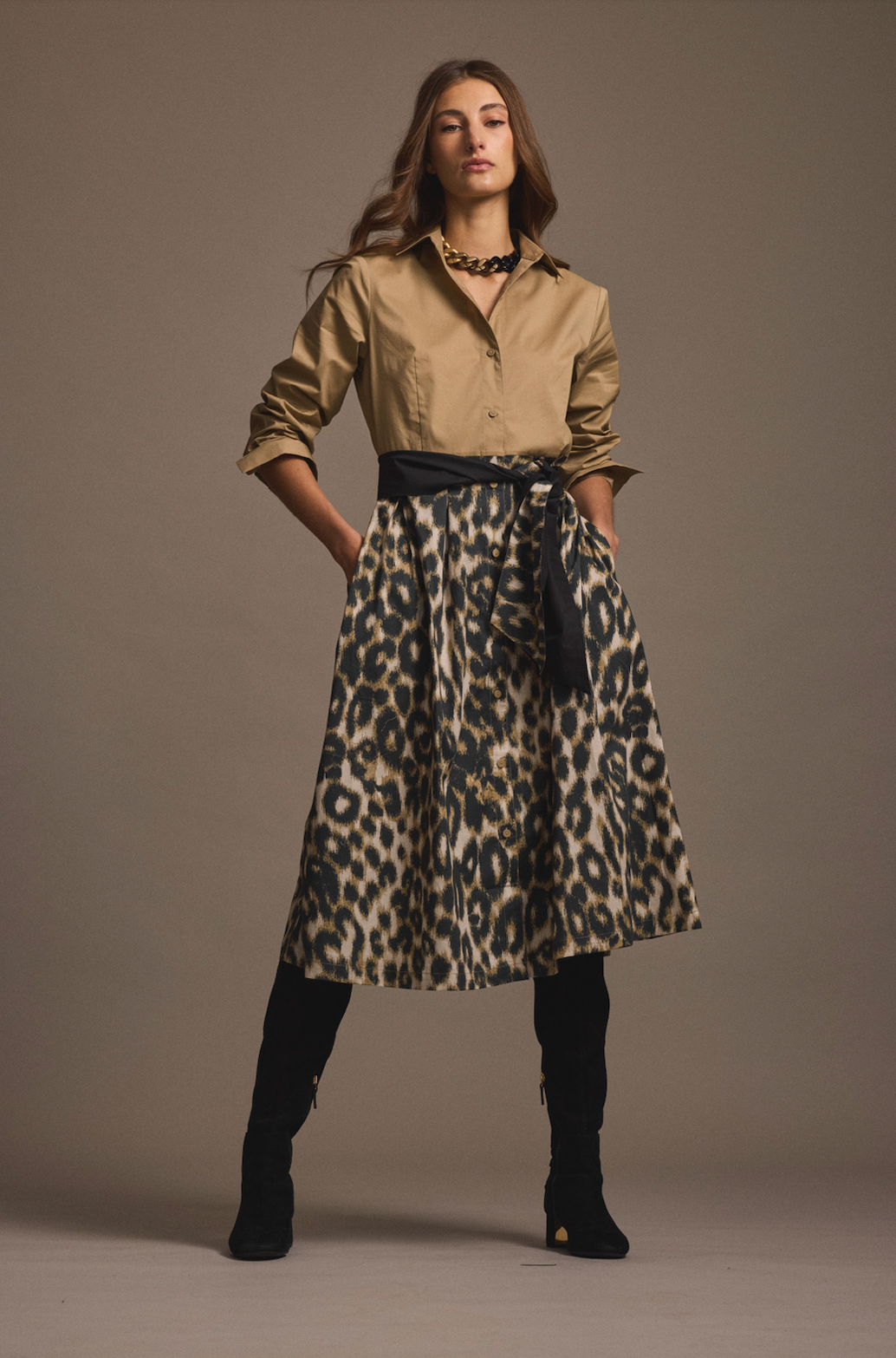 Leopard Print Midi Skirt with Sash Belt