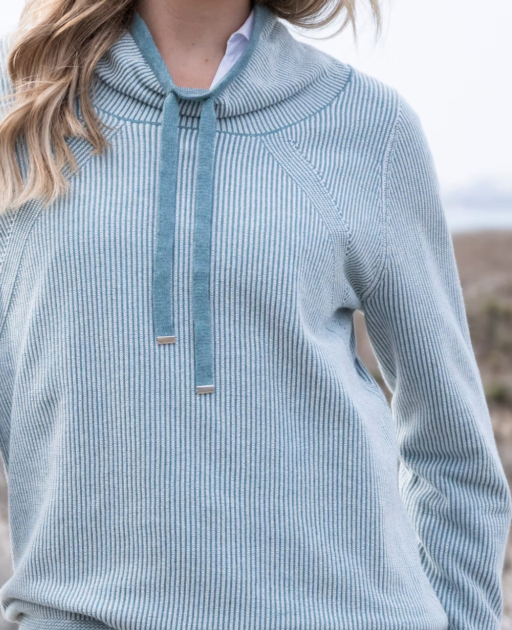 Misty Blue Ribbed Funnel Zip Sweater