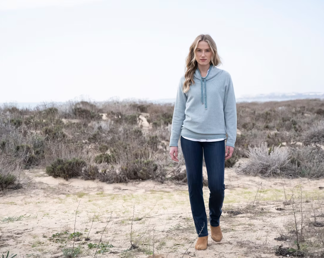 Misty Blue Ribbed Funnel Zip Sweater