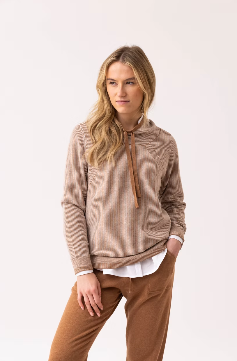 Sandstone Ribbed Funnel Zip Sweater