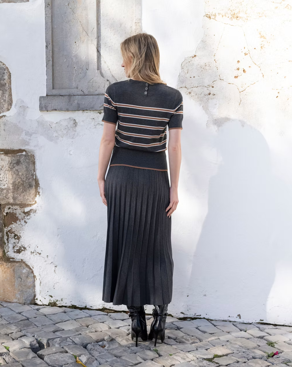 Striped Short Sleeve Sweater – Charcoal Multi