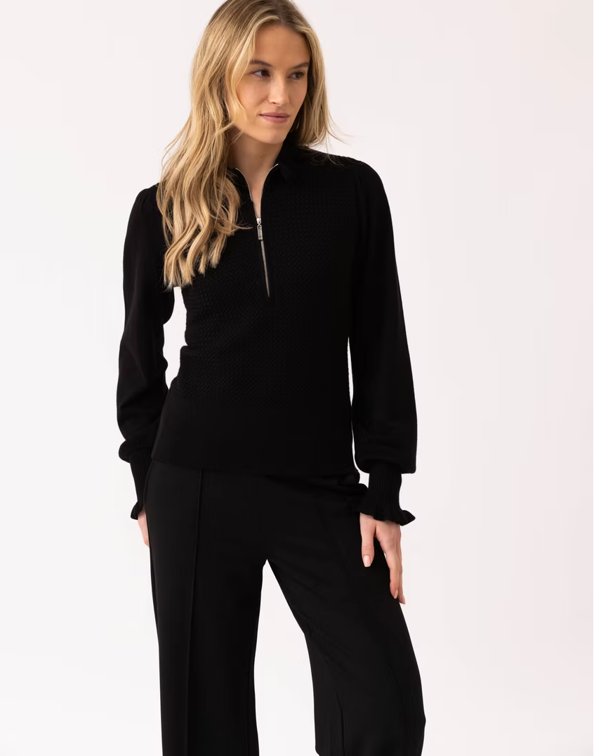 Textured Zip-Up Sweater Ruffle Sleeve – Black