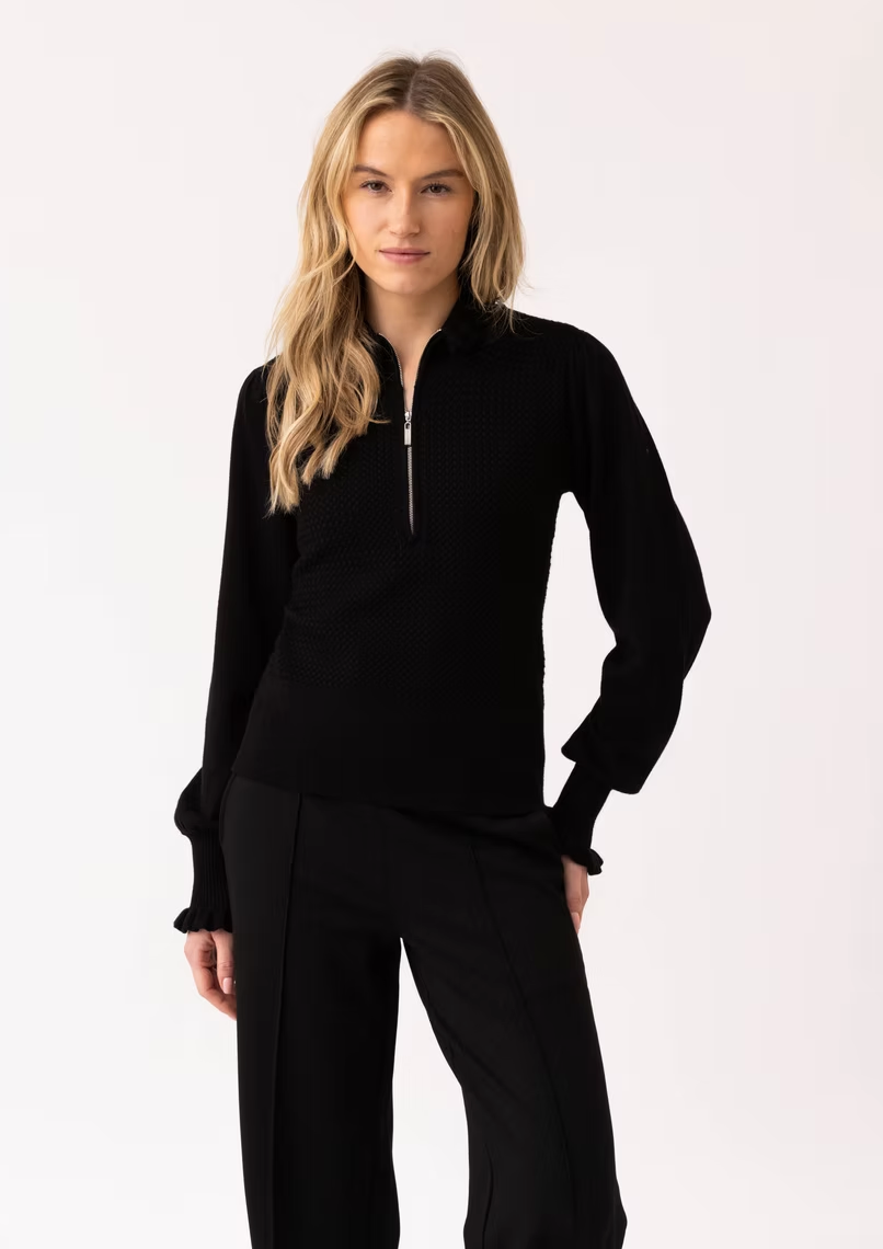 Textured Zip-Up Sweater Ruffle Sleeve – Black