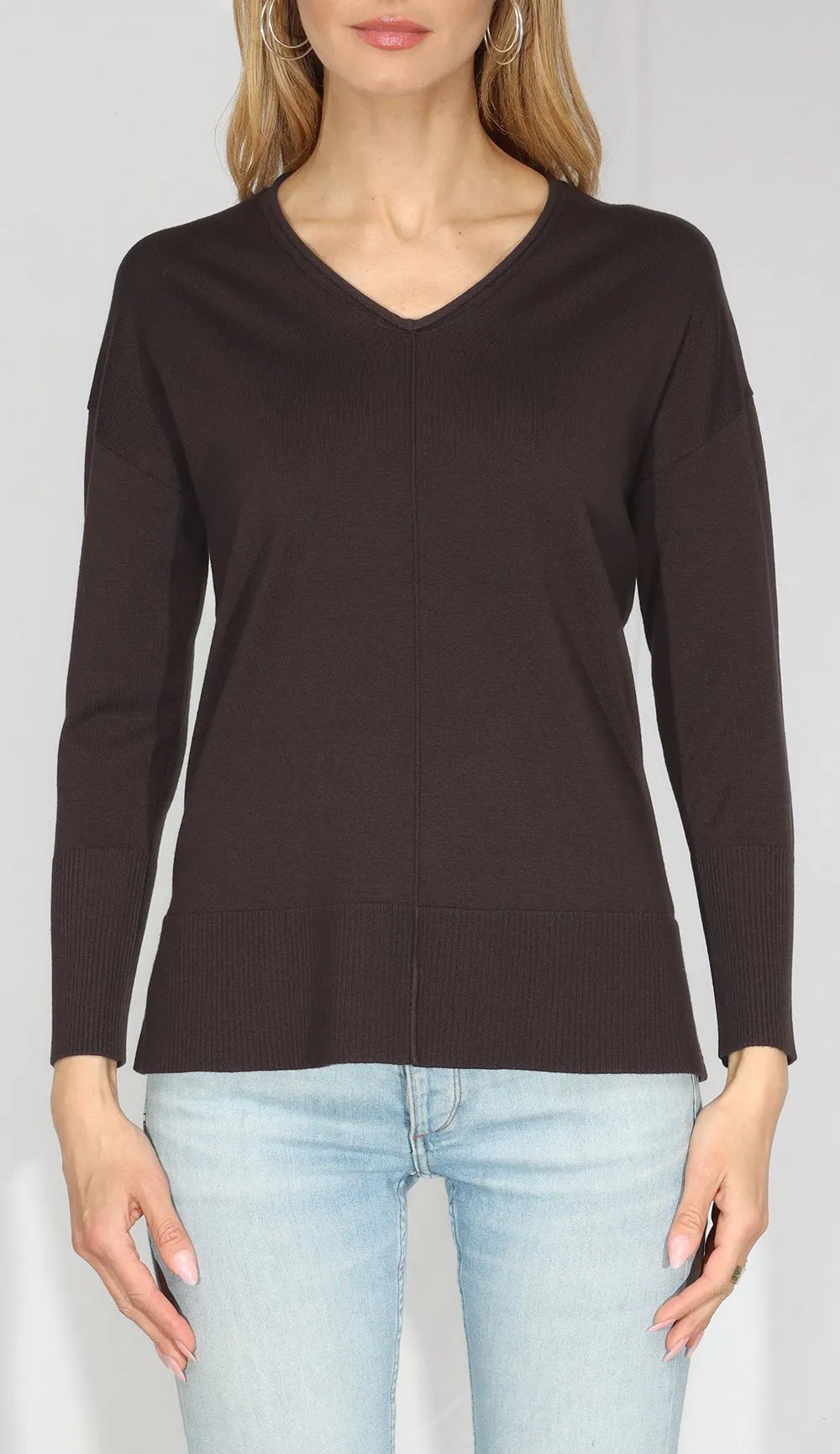 V-Neck Rib Hem Pullover – Bitter Chocolate