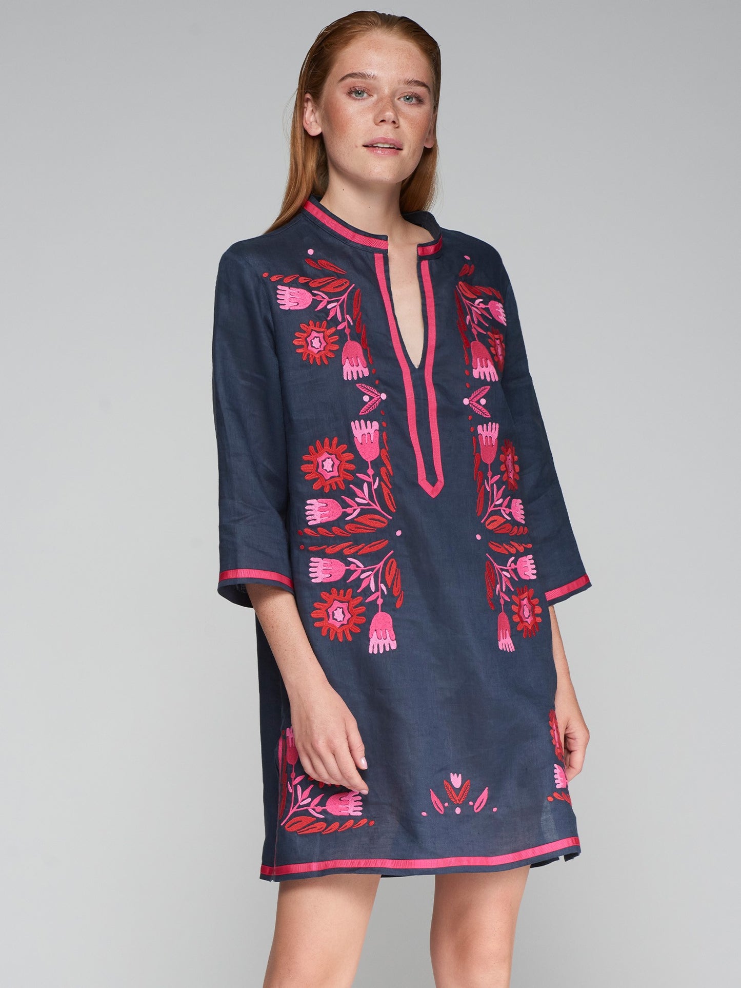 Navy Blue Linen Embroidered Dress