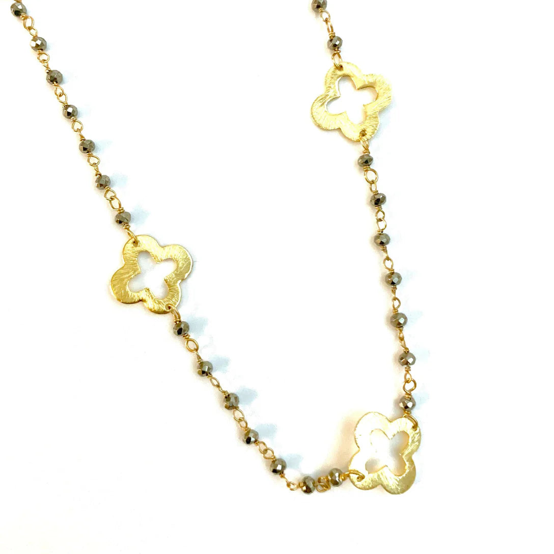 Gold Clover and Petite Pyrite Long Necklace