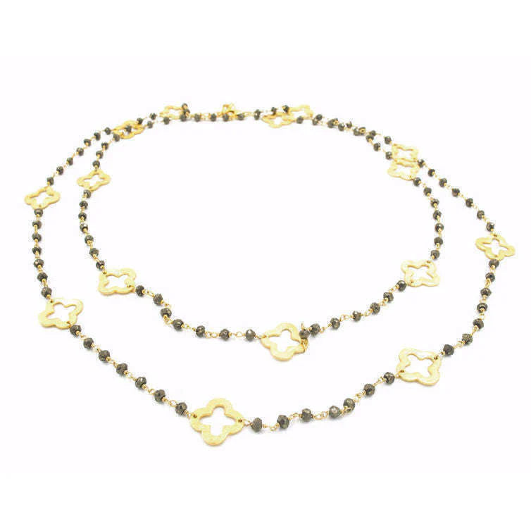 Gold Clover and Petite Pyrite Long Necklace