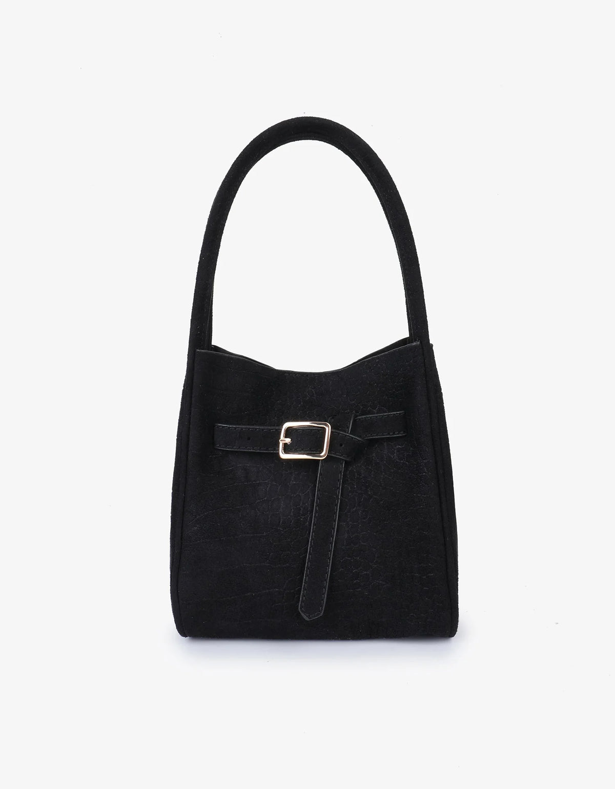 Black Faux Suede Croc Buckle Hollace Bag
