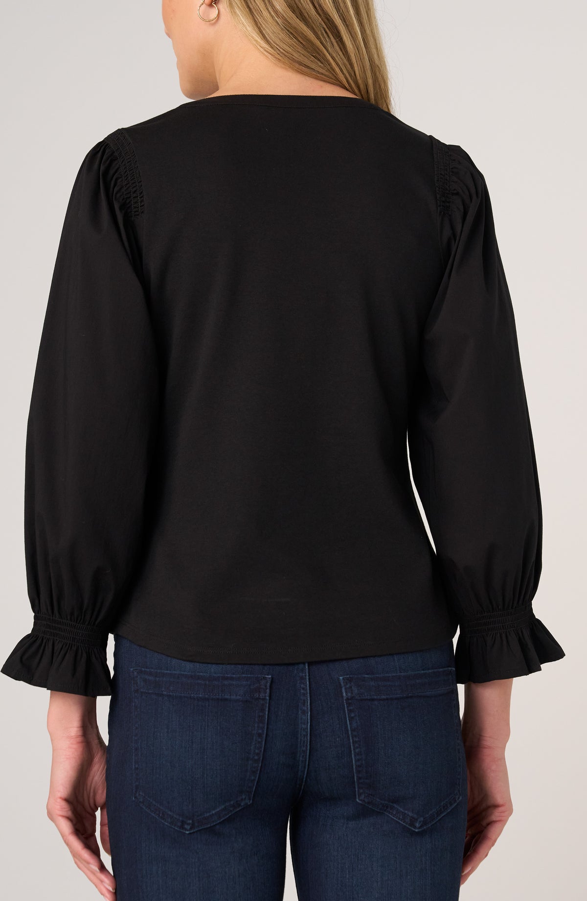 3/4 Sleeve Black Blouse with Smocking