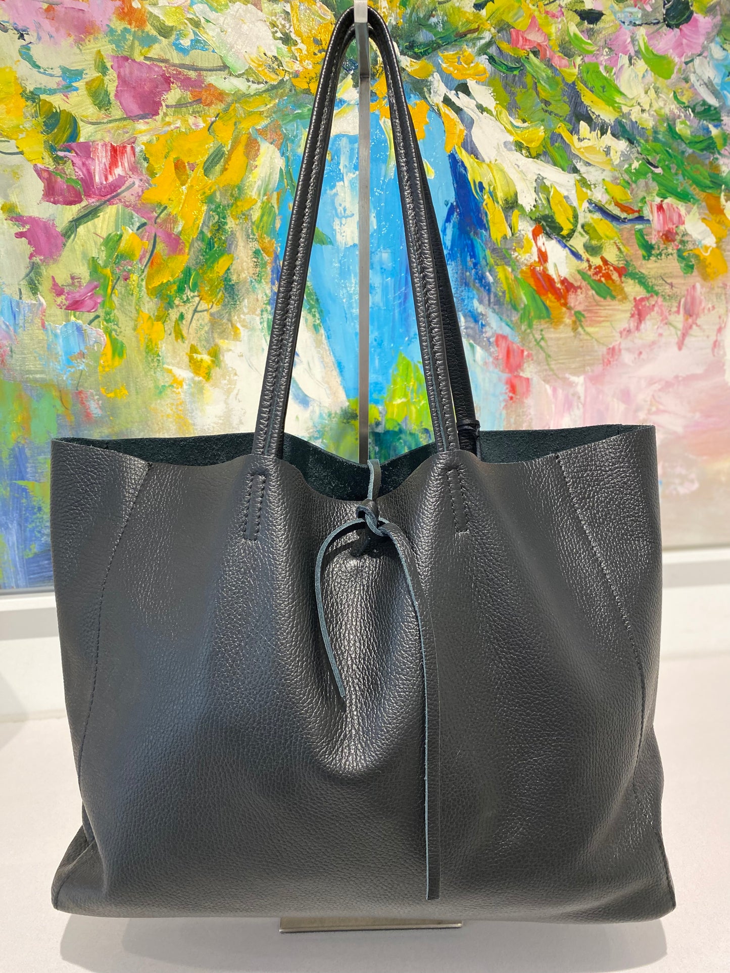 Black leather tie tote