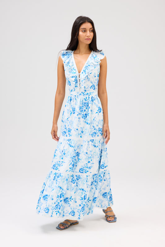 Blue Garden Tiered Maxi Dress