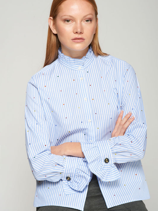 Pinstripe Elegance Ruffle Collar Blouse