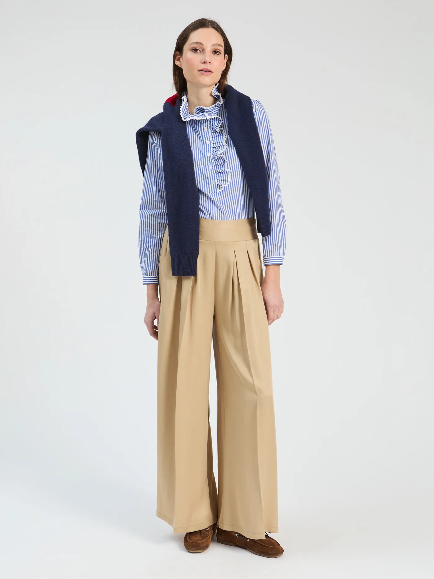 Blue and White Stripe Ruffle Blouse