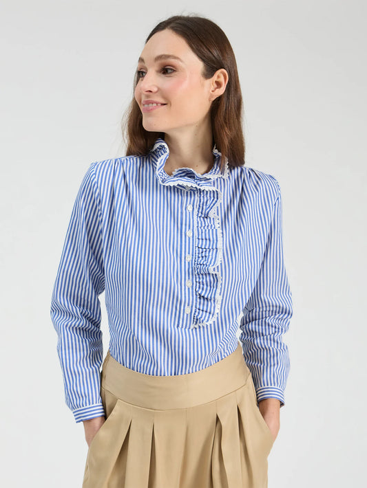 Blue and White Stripe Ruffle Blouse