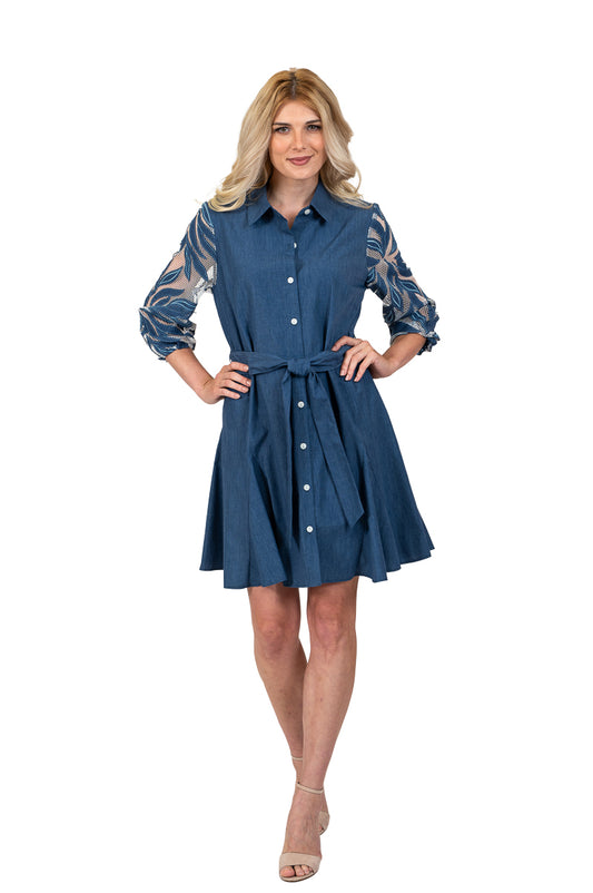 Indigo Lace Sleeve Shirt Dress
