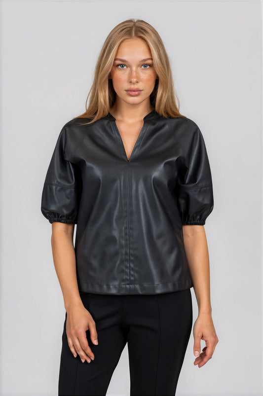 Black Leather Short Sleeve Blouse