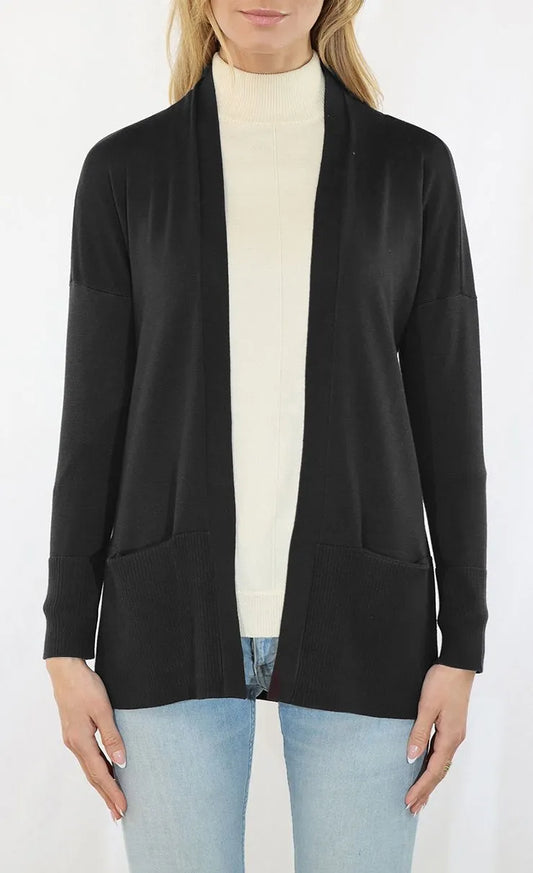 Classic Open-Front Pocket Cardigan – Black