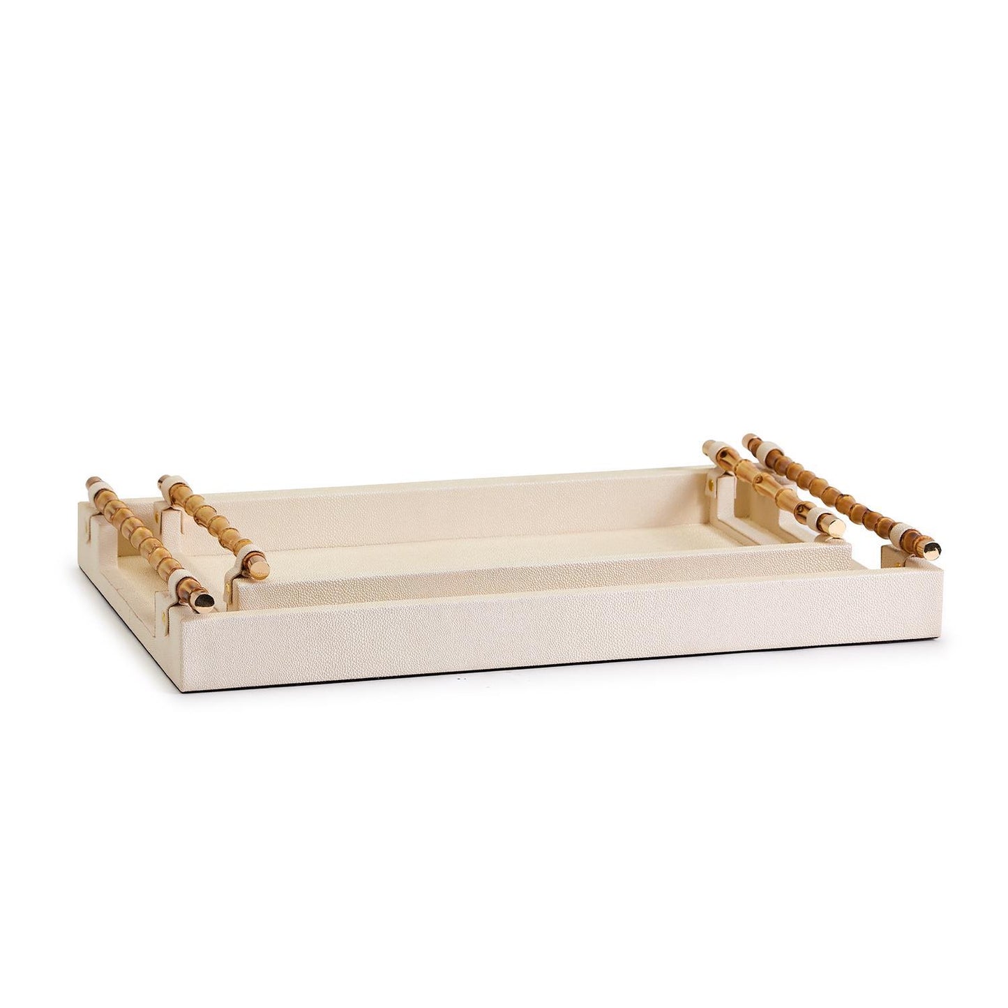 Set of 2 Antique Cream Faux Stingray Embossed Faux Leather Decorative Rectangle Tray with Genuine Bamboo Handles