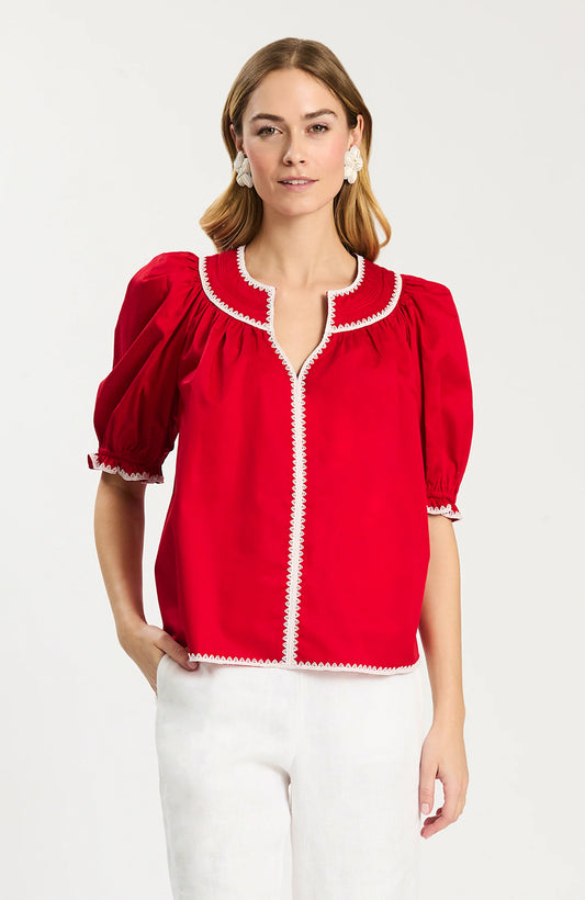 Red & White Trimmed Collar Blouse
