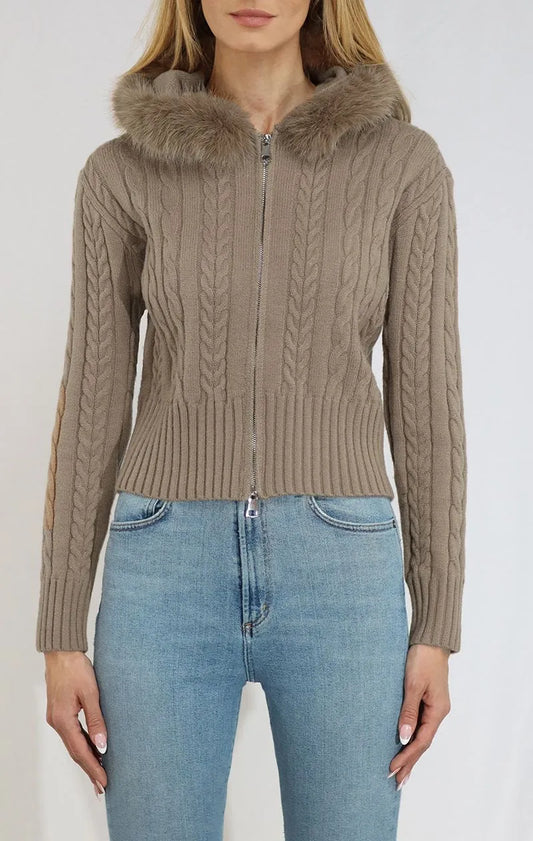 Knit Zip Up Cable with Fur Collar