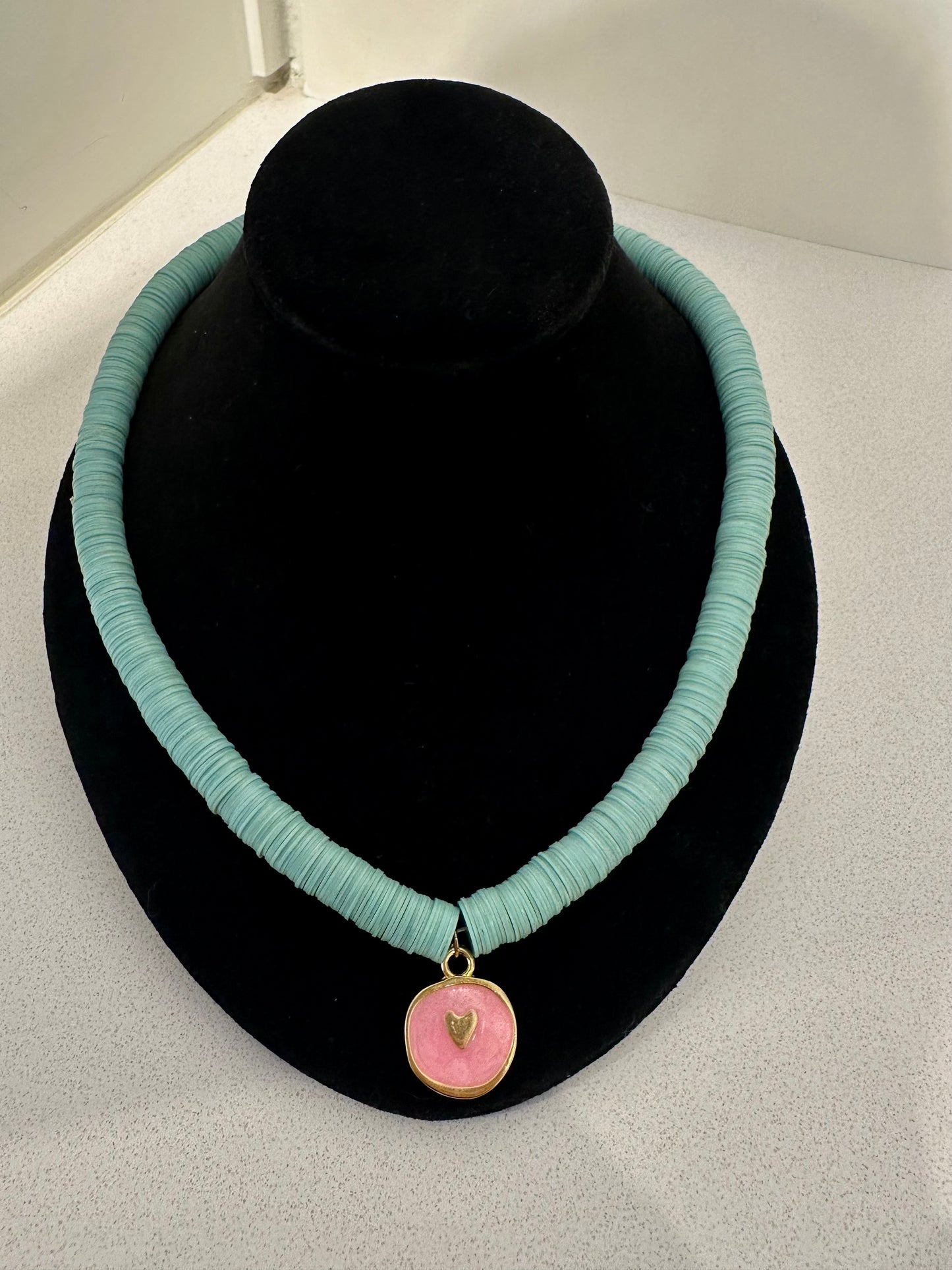 Turquoise Necklace With Pink Heart Charm