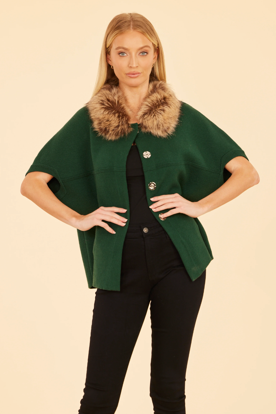 Faux Fur Collar Short Sleeve Cardigan