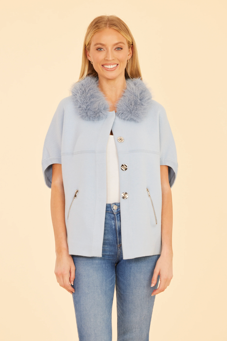 Faux Fur Collar Short Sleeve Cardigan