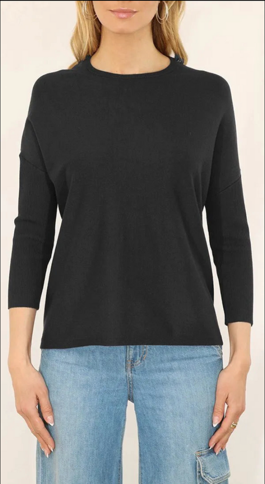 Crew Neck Rib Sleeve Pullover – Black