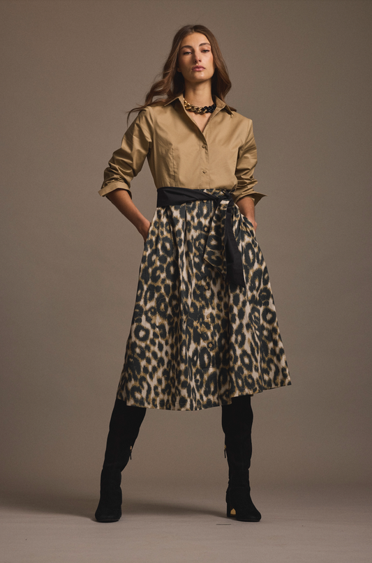 Leopard Print Midi Skirt with Sash Belt