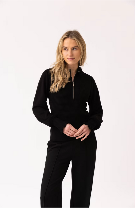 Textured Zip-Up Sweater Ruffle Sleeve – Black