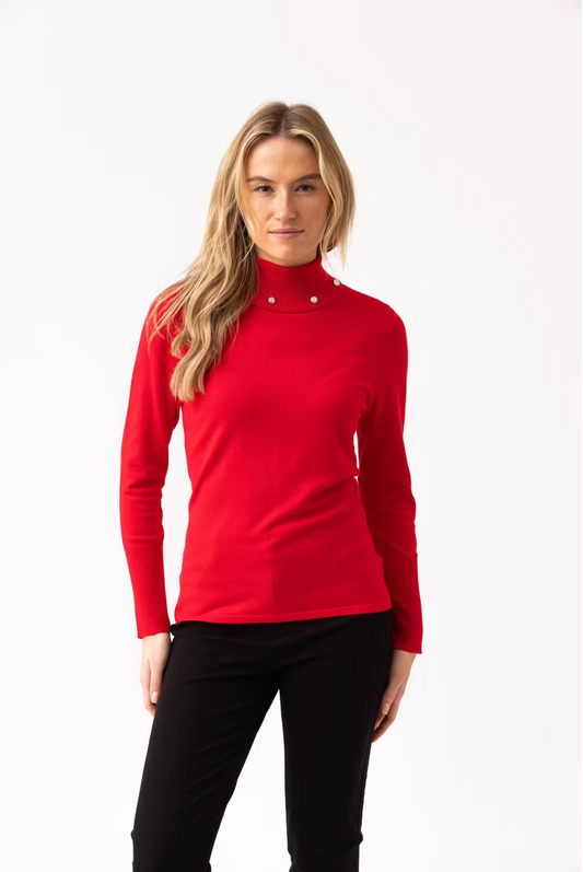 Pearl Button Mock Neck Sweater – Red