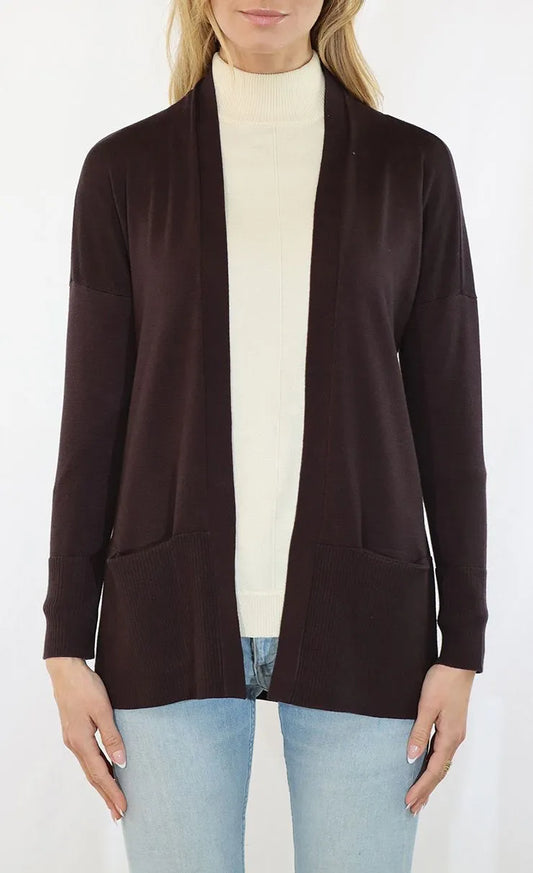 Classic Open-Front Pocket Cardigan – Chocolate Brown