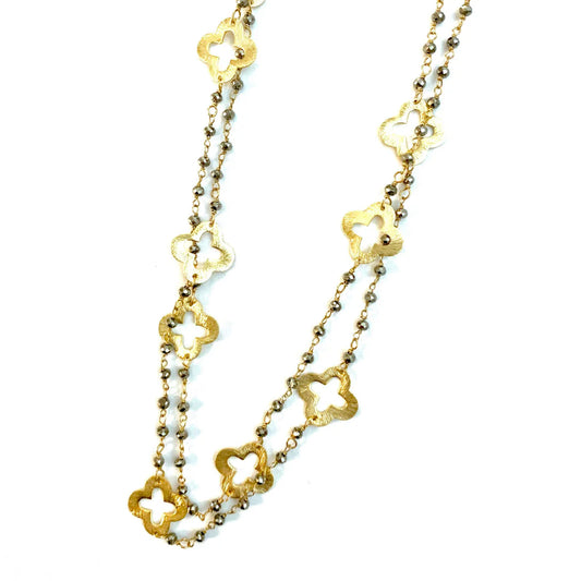 Gold Clover and Petite Pyrite Long Necklace