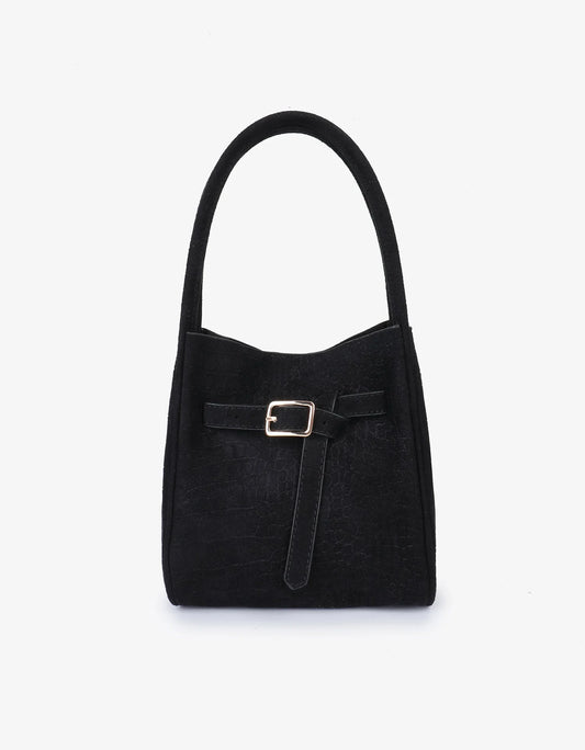 Black Faux Suede Croc Buckle Hollace Bag