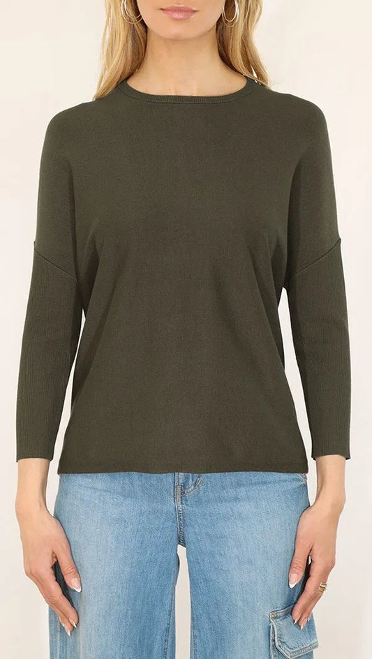 Crew Neck Rib Sleeve Pullover – Olive Night