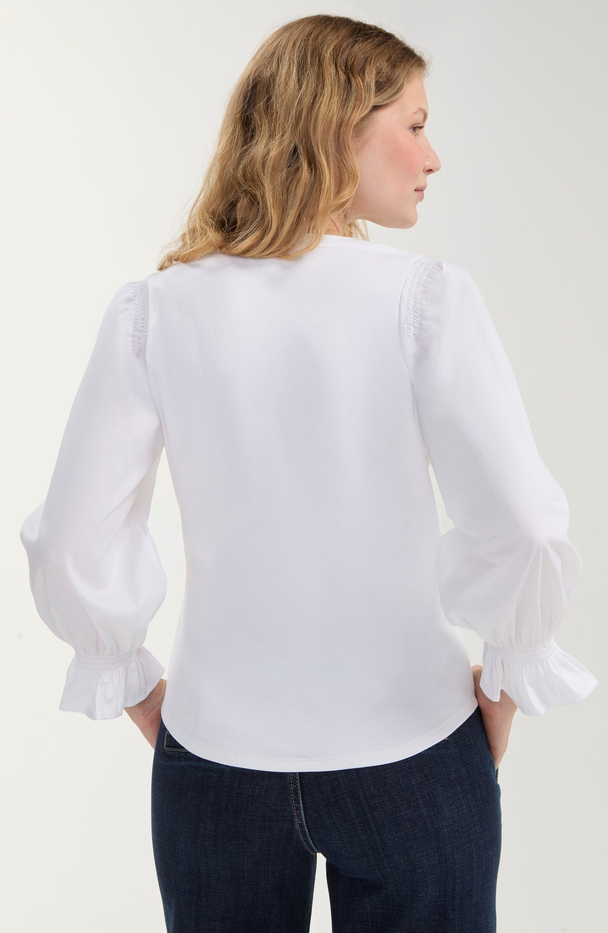 3/4 sleeve White Blouse with Smocking