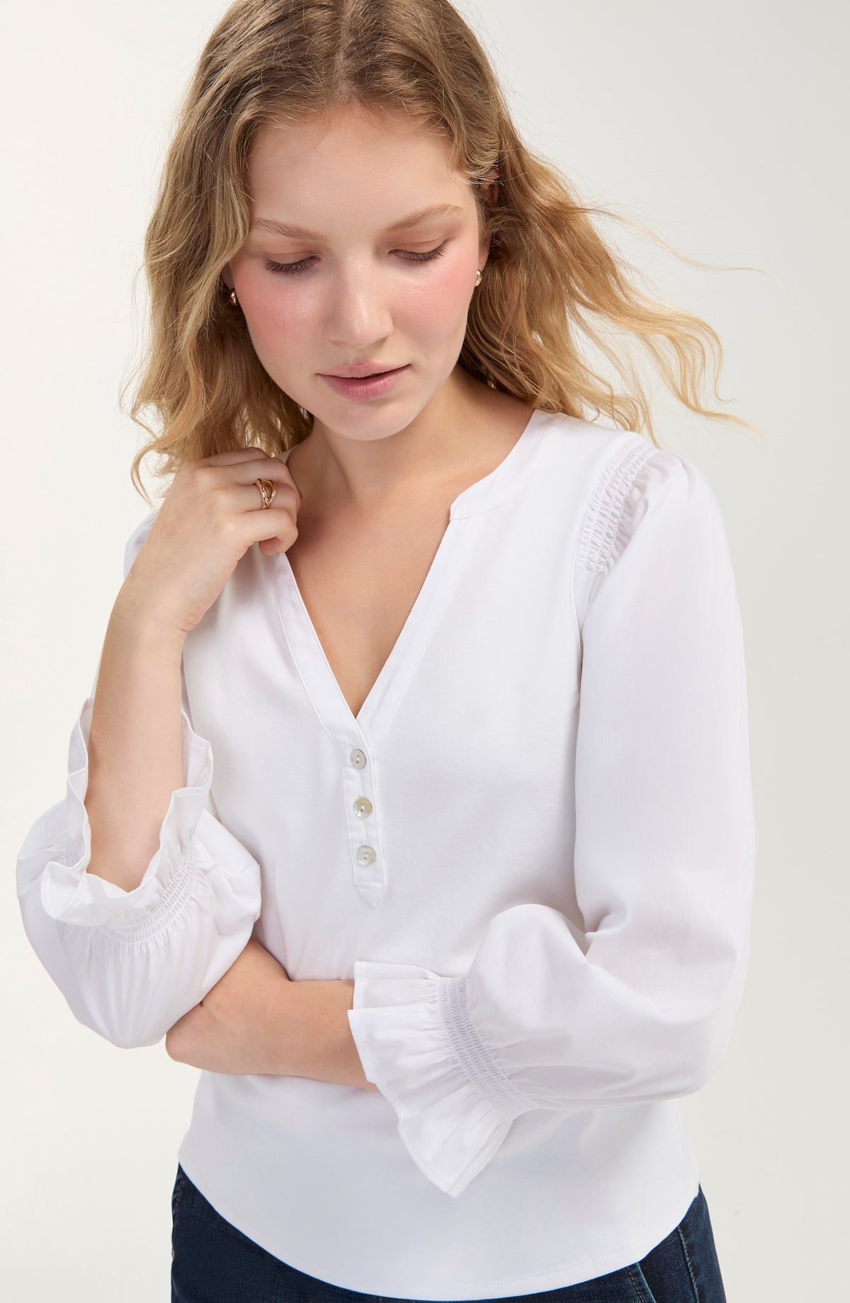 3/4 sleeve White Blouse with Smocking