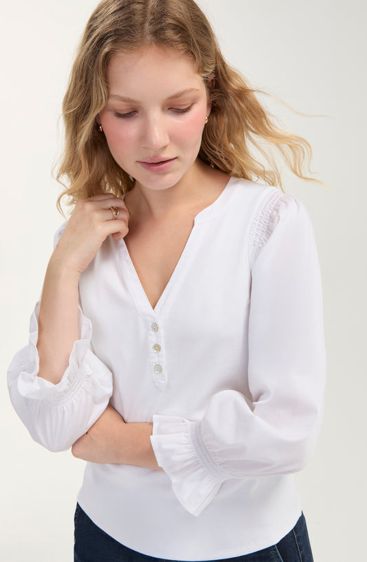 3/4 sleeve White Blouse with Smocking