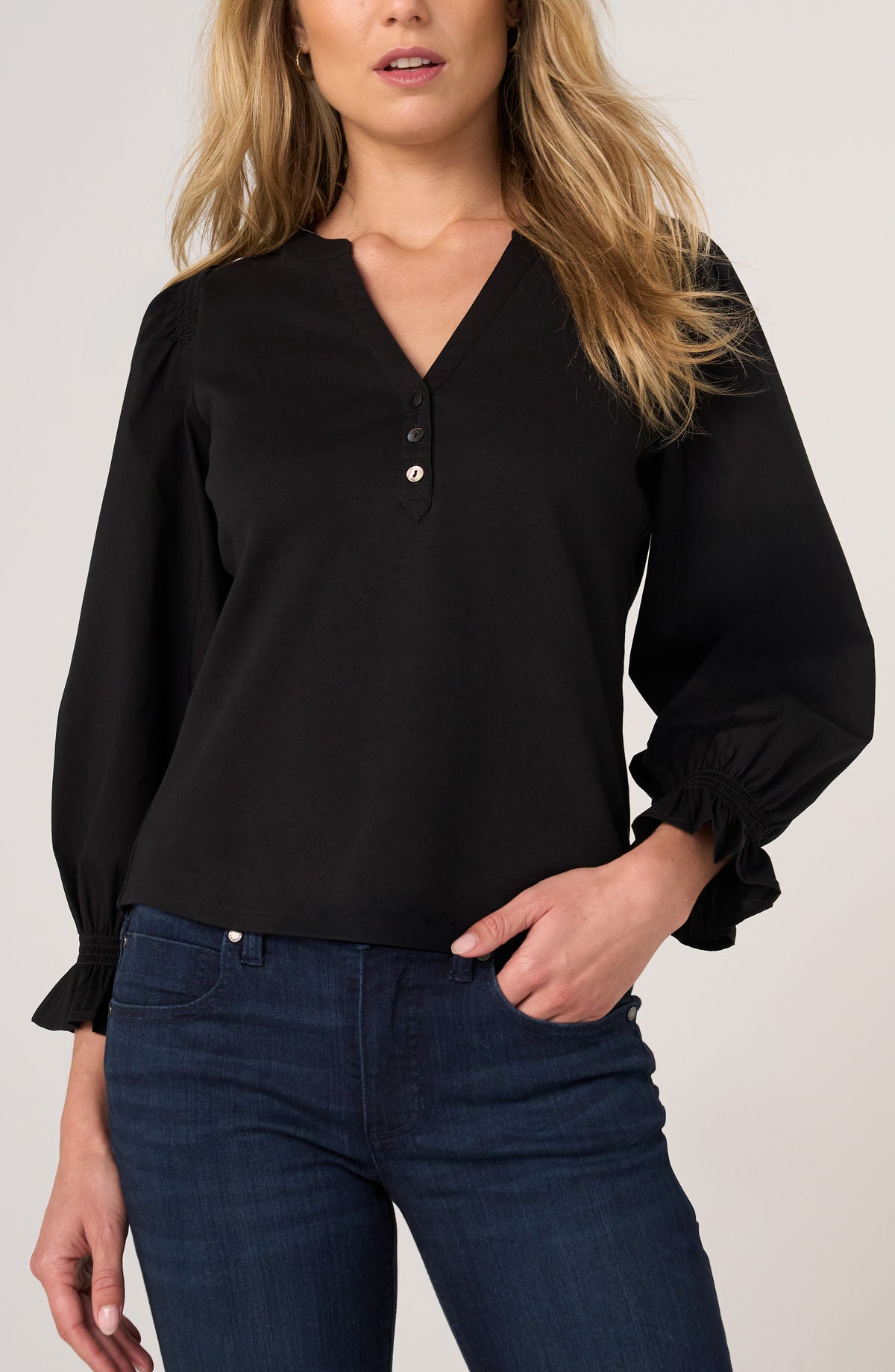 3/4 Sleeve Black Blouse with Smocking